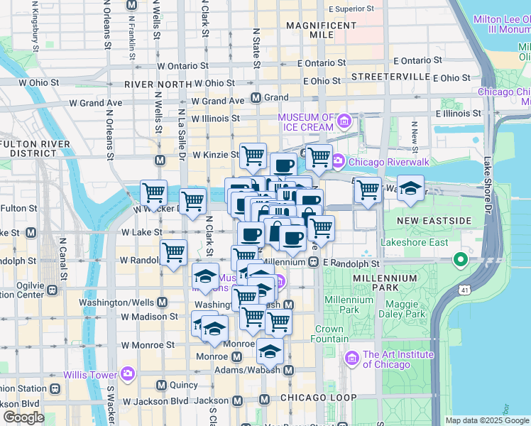 map of restaurants, bars, coffee shops, grocery stores, and more near 30 East Lake Street in Chicago