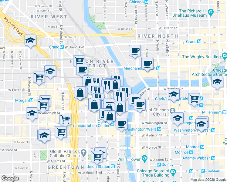 map of restaurants, bars, coffee shops, grocery stores, and more near in Chicago