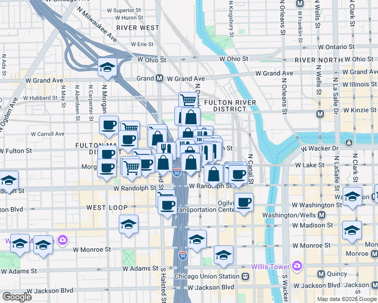 map of restaurants, bars, coffee shops, grocery stores, and more near 650 West Lake Street in Chicago