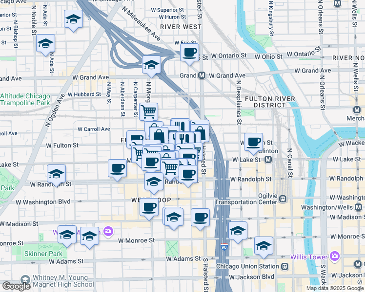 map of restaurants, bars, coffee shops, grocery stores, and more near 858 West Lake Street in Chicago