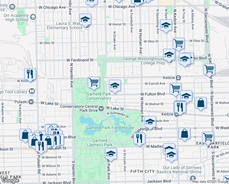 map of restaurants, bars, coffee shops, grocery stores, and more near 200 North Central Park Avenue in Chicago