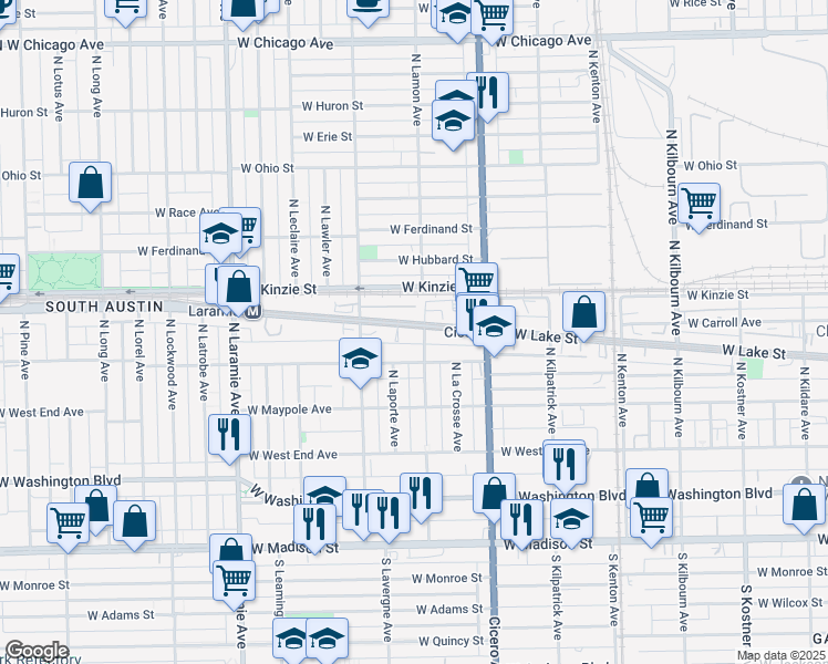 map of restaurants, bars, coffee shops, grocery stores, and more near 4912 West Fulton Street in Chicago