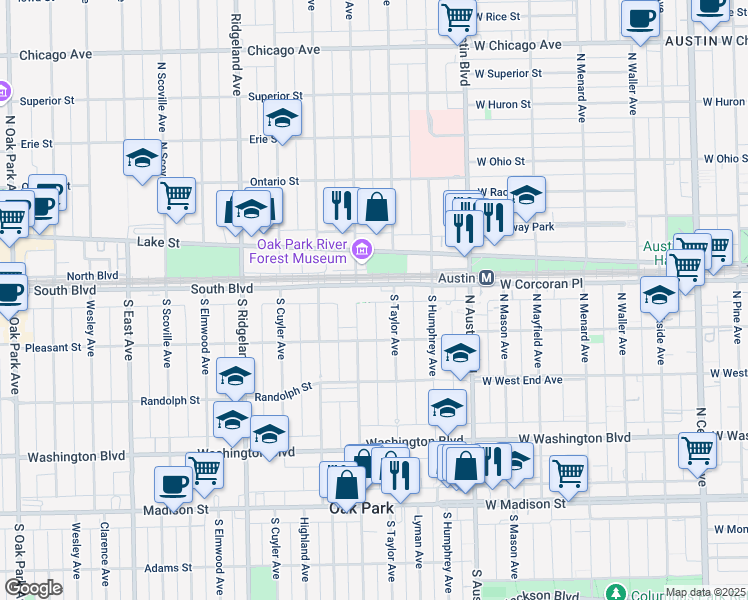 map of restaurants, bars, coffee shops, grocery stores, and more near 127 South Taylor Avenue in Oak Park