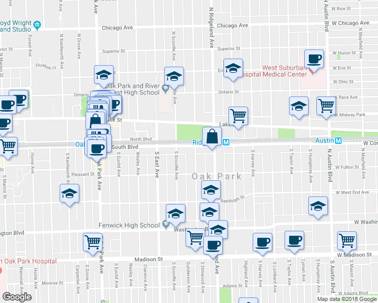 map of restaurants, bars, coffee shops, grocery stores, and more near 122 South Scoville Avenue in Oak Park