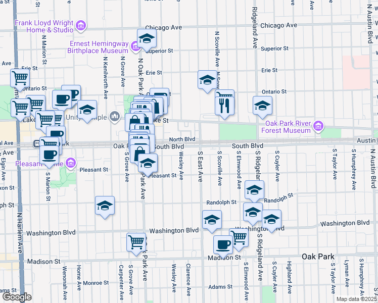map of restaurants, bars, coffee shops, grocery stores, and more near 118 Wesley Avenue in Oak Park