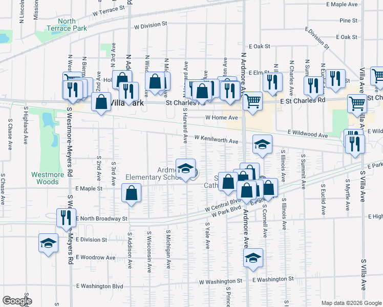 map of restaurants, bars, coffee shops, grocery stores, and more near 141 South Harvard Avenue in Villa Park