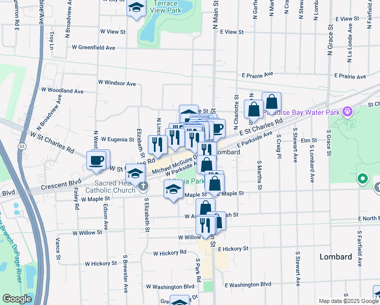 map of restaurants, bars, coffee shops, grocery stores, and more near 116 West Parkside Avenue in Lombard