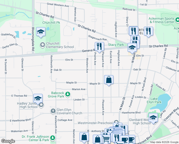 map of restaurants, bars, coffee shops, grocery stores, and more near 725 Western Avenue in Glen Ellyn