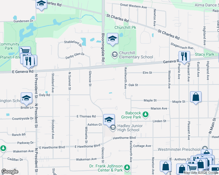 map of restaurants, bars, coffee shops, grocery stores, and more near 1749 Maple Lane in Wheaton