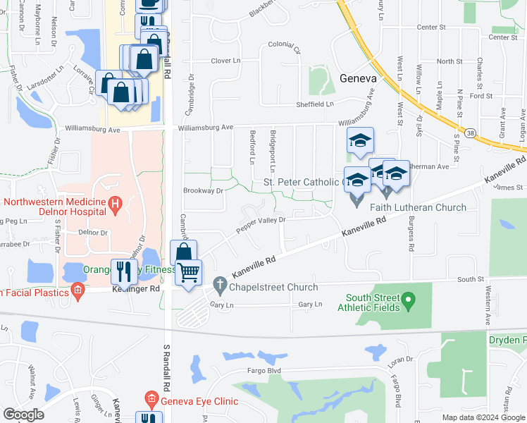map of restaurants, bars, coffee shops, grocery stores, and more near 2132 Pepper Valley Drive in Geneva