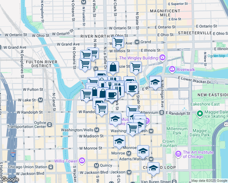 map of restaurants, bars, coffee shops, grocery stores, and more near 111 West Wacker Drive in Chicago