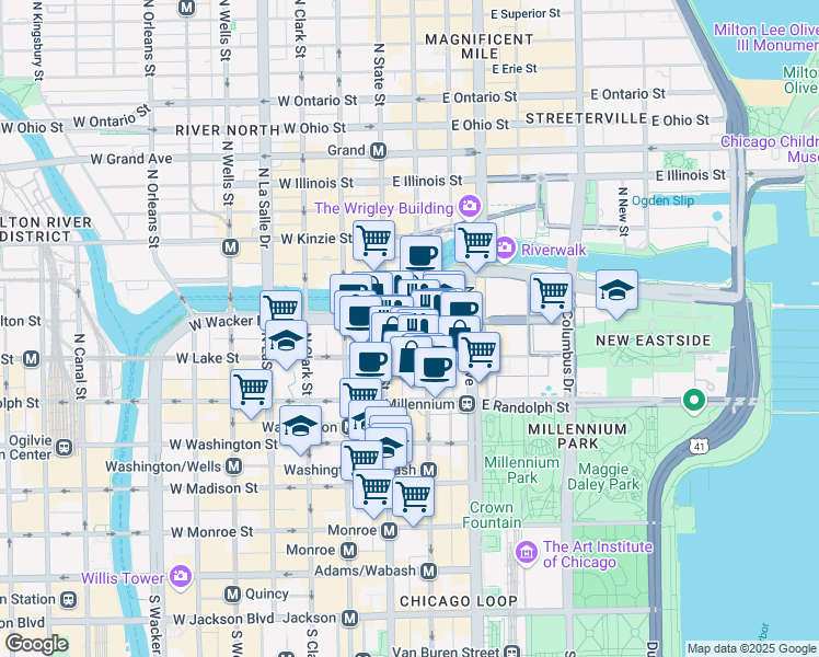 map of restaurants, bars, coffee shops, grocery stores, and more near 35 East Upper Wacker Drive in Chicago