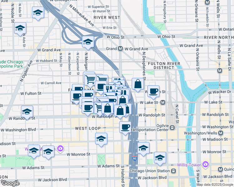 map of restaurants, bars, coffee shops, grocery stores, and more near 811 West Fulton Market in Chicago