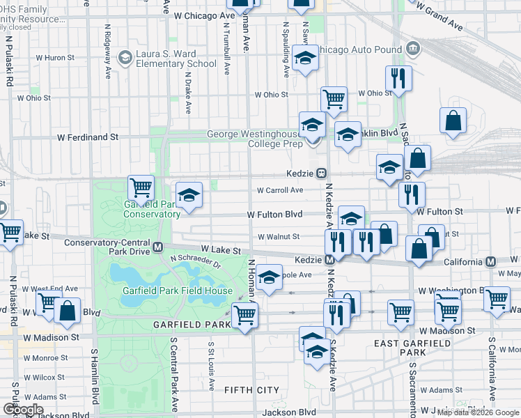 map of restaurants, bars, coffee shops, grocery stores, and more near 243 North Homan Avenue in Chicago