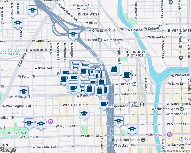 map of restaurants, bars, coffee shops, grocery stores, and more near 812 West Lake Street in Chicago