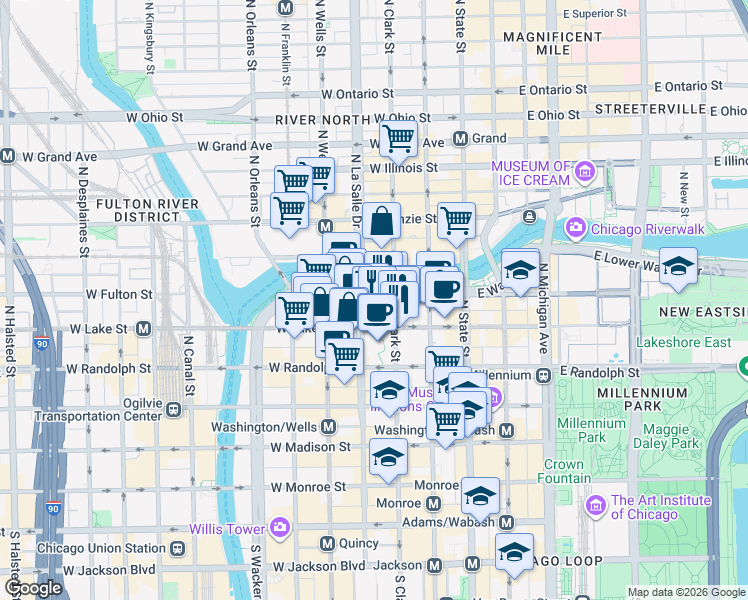 map of restaurants, bars, coffee shops, grocery stores, and more near in Chicago