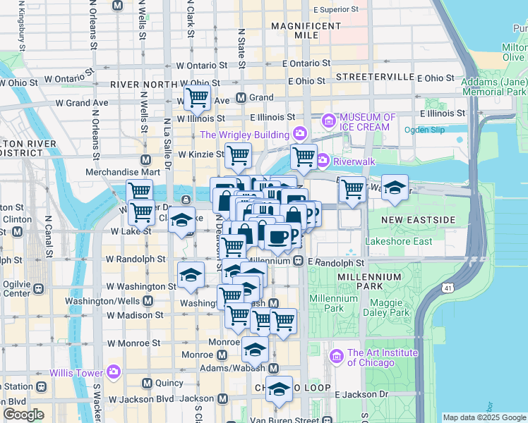 map of restaurants, bars, coffee shops, grocery stores, and more near 35 East Upper Wacker Drive in Chicago
