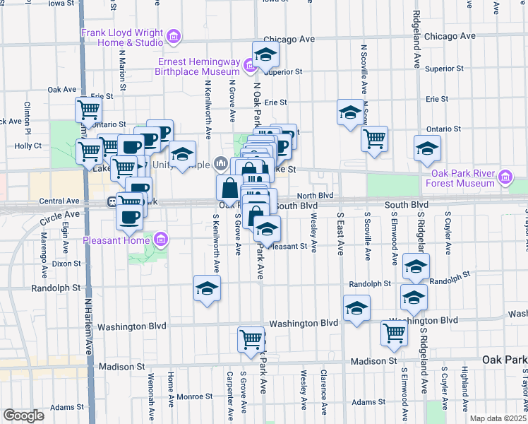 map of restaurants, bars, coffee shops, grocery stores, and more near 117 South Euclid Avenue in Oak Park