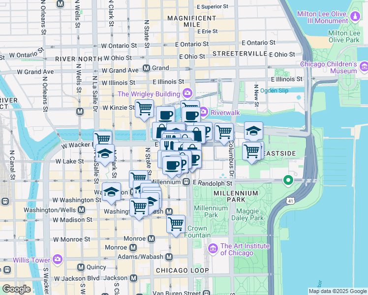 map of restaurants, bars, coffee shops, grocery stores, and more near 230 North Michigan Avenue in Chicago