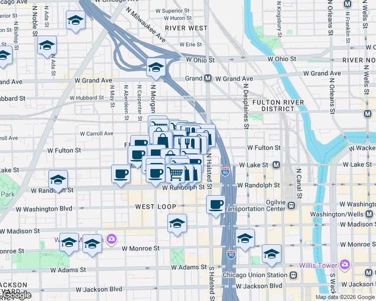 map of restaurants, bars, coffee shops, grocery stores, and more near 858 West Lake Street in Chicago