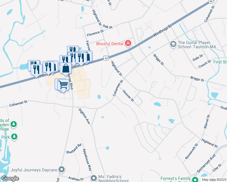 map of restaurants, bars, coffee shops, grocery stores, and more near 819 Cohannet Street in Taunton