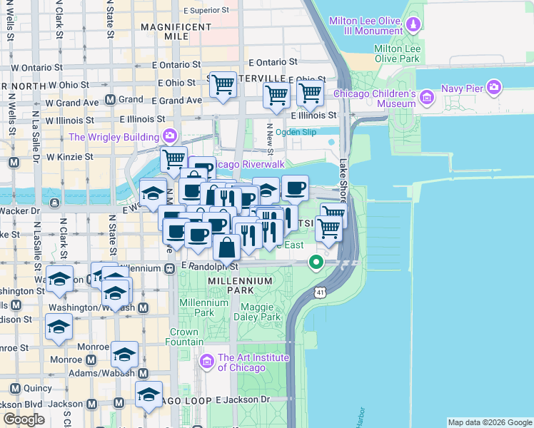 map of restaurants, bars, coffee shops, grocery stores, and more near 350 East South Water Street in Chicago