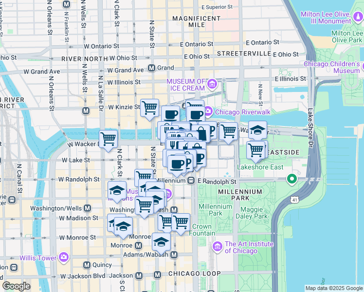 map of restaurants, bars, coffee shops, grocery stores, and more near 65 East Wacker Place in Chicago