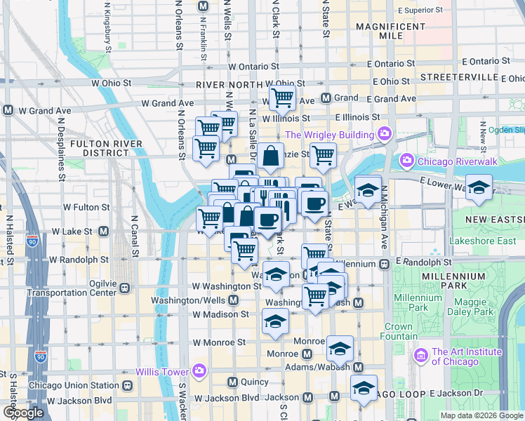 map of restaurants, bars, coffee shops, grocery stores, and more near 121 West Wacker Drive in Chicago