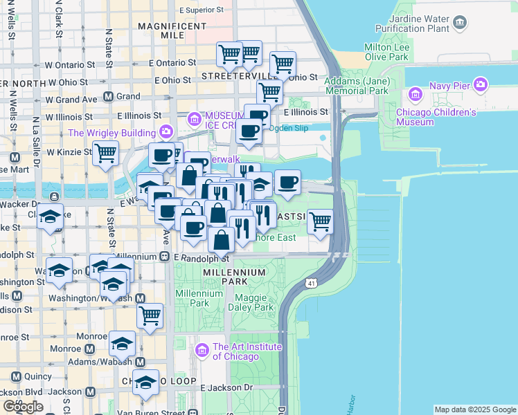 map of restaurants, bars, coffee shops, grocery stores, and more near 192 North Park Drive in Chicago
