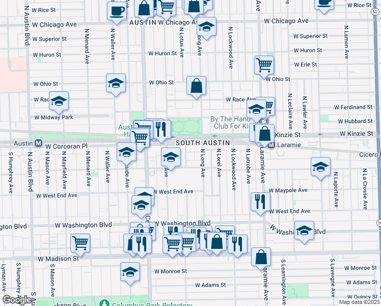 map of restaurants, bars, coffee shops, grocery stores, and more near 306 North Lotus Avenue in Chicago