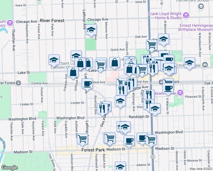 map of restaurants, bars, coffee shops, grocery stores, and more near 7459 Franklin Street in Forest Park