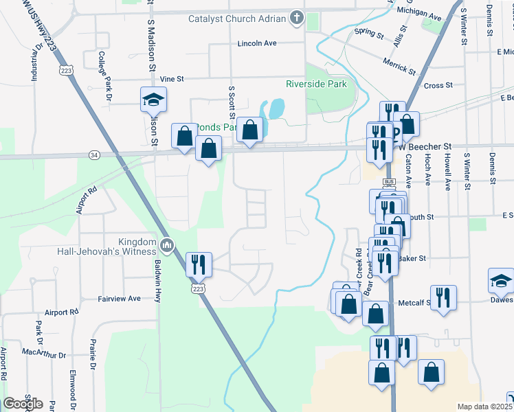 map of restaurants, bars, coffee shops, grocery stores, and more near 421 Cheyenne River Drive in Adrian