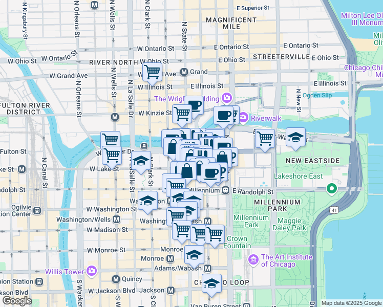 map of restaurants, bars, coffee shops, grocery stores, and more near 30 East Lake Street in Chicago