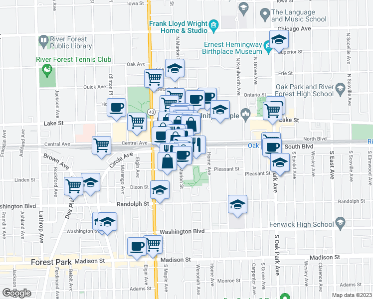 map of restaurants, bars, coffee shops, grocery stores, and more near 1041 South Boulevard in Oak Park