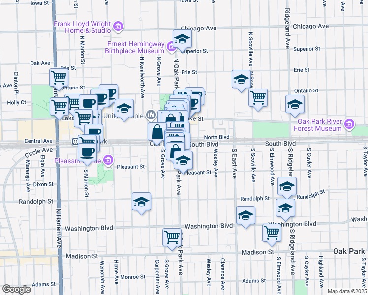 map of restaurants, bars, coffee shops, grocery stores, and more near 117 South Euclid Avenue in Oak Park