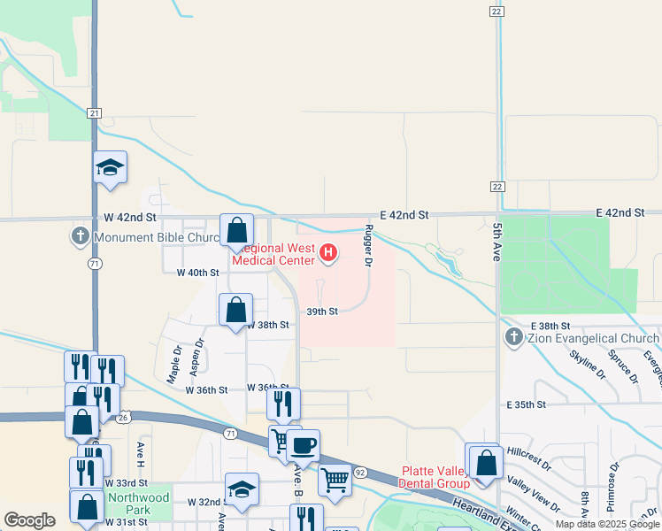 map of restaurants, bars, coffee shops, grocery stores, and more near 4021 Avenue B in Scottsbluff