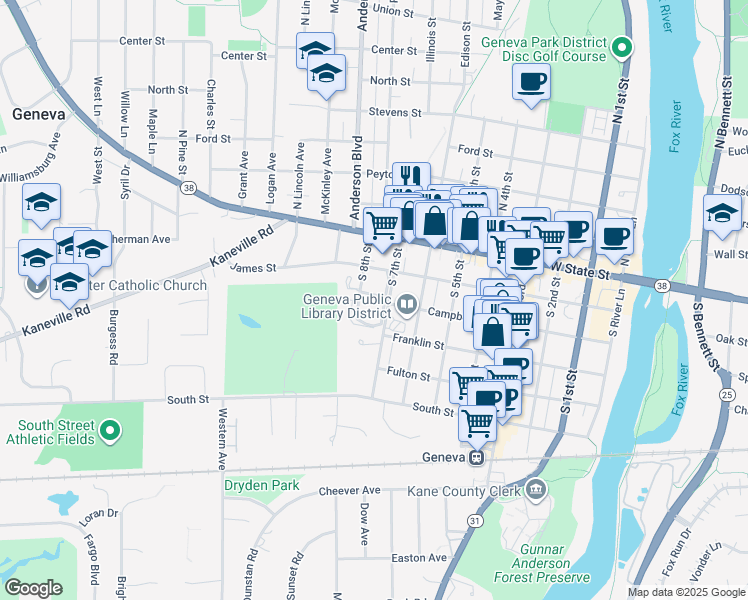 map of restaurants, bars, coffee shops, grocery stores, and more near 208 Campbell Court in Geneva