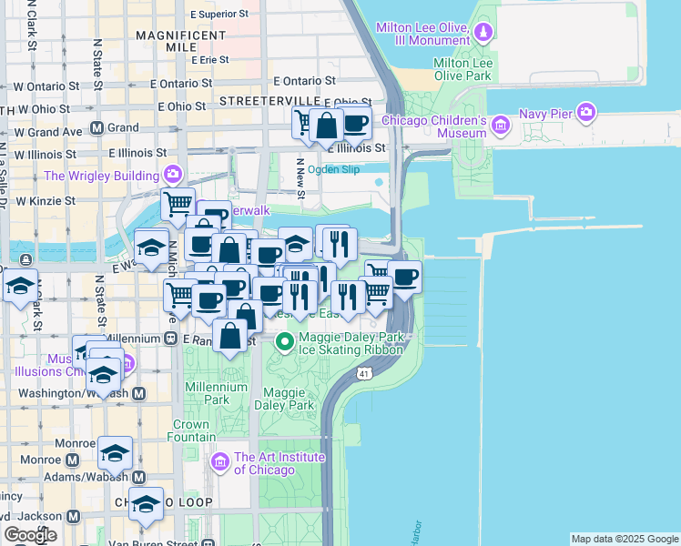 map of restaurants, bars, coffee shops, grocery stores, and more near 400 East South Water Street in Chicago