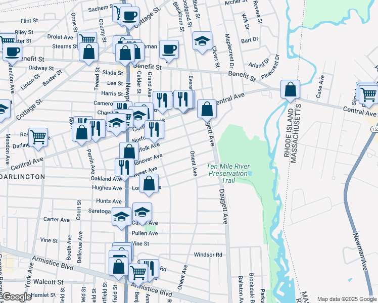 map of restaurants, bars, coffee shops, grocery stores, and more near 157 Sweet Avenue in Pawtucket