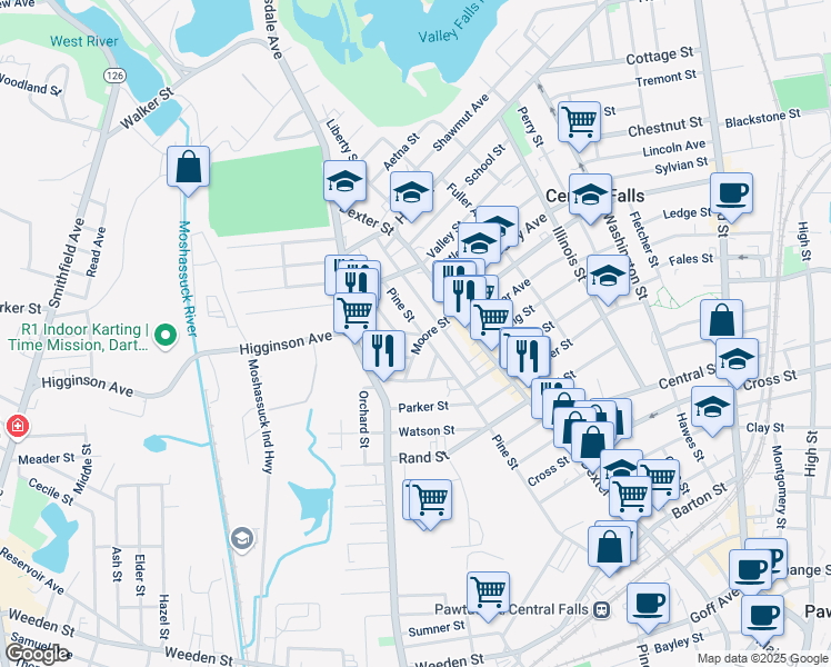 map of restaurants, bars, coffee shops, grocery stores, and more near 640 Pine Street in Central Falls