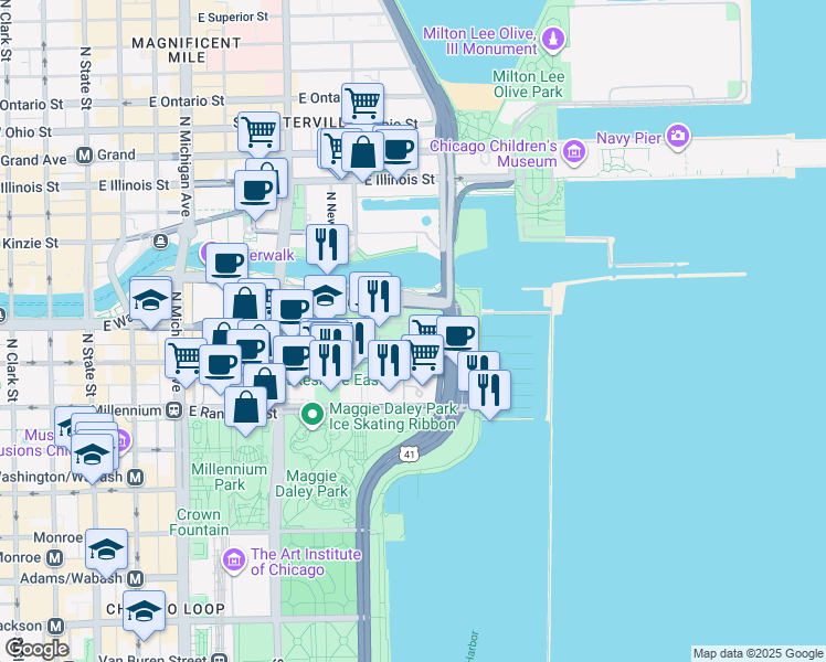 map of restaurants, bars, coffee shops, grocery stores, and more near 195 North Harbor Service Drive in Chicago