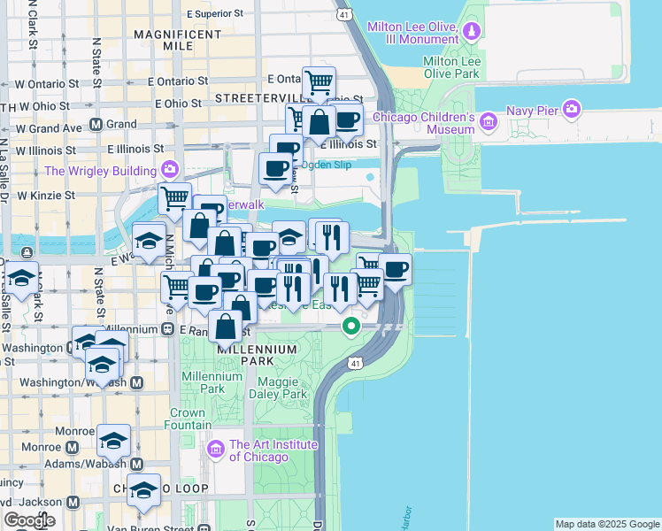 map of restaurants, bars, coffee shops, grocery stores, and more near 181 North Westshore Drive in Chicago