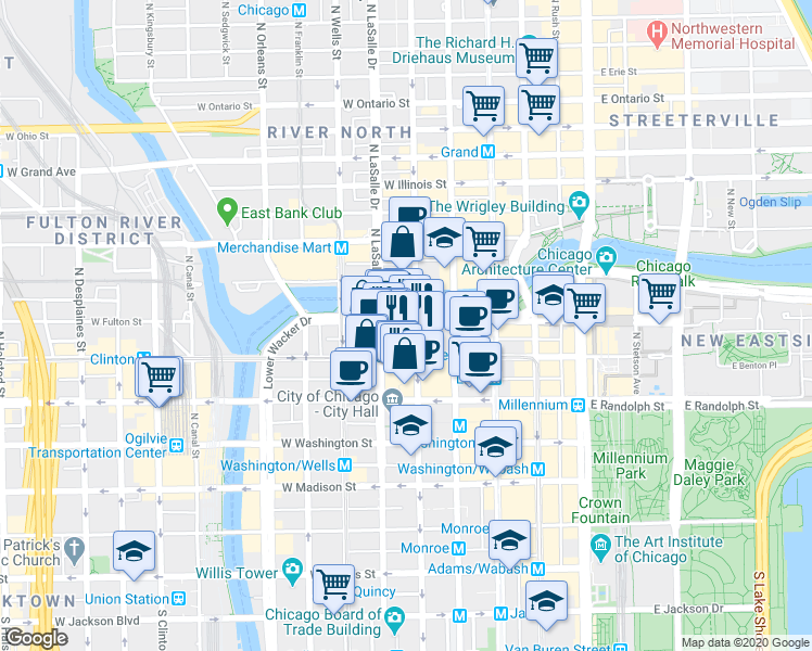 map of restaurants, bars, coffee shops, grocery stores, and more near 201 North Clark Street in Chicago