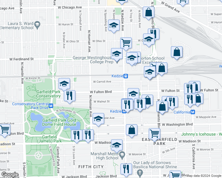 map of restaurants, bars, coffee shops, grocery stores, and more near 3249 West Fulton Boulevard in Chicago