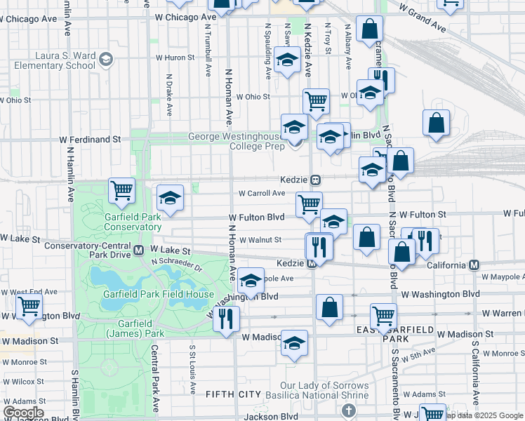map of restaurants, bars, coffee shops, grocery stores, and more near 3317 West Fulton Boulevard in Chicago