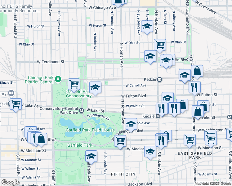 map of restaurants, bars, coffee shops, grocery stores, and more near 3435 West Fulton Boulevard in Chicago