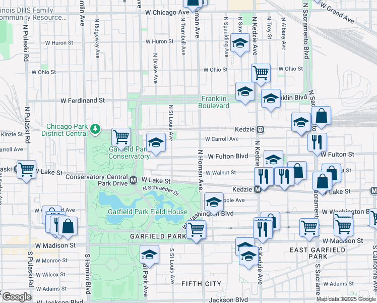 map of restaurants, bars, coffee shops, grocery stores, and more near 3435 West Fulton Boulevard in Chicago