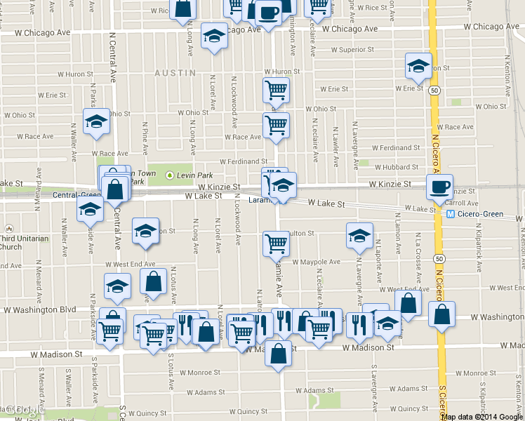 map of restaurants, bars, coffee shops, grocery stores, and more near 311 North Latrobe Avenue in Chicago
