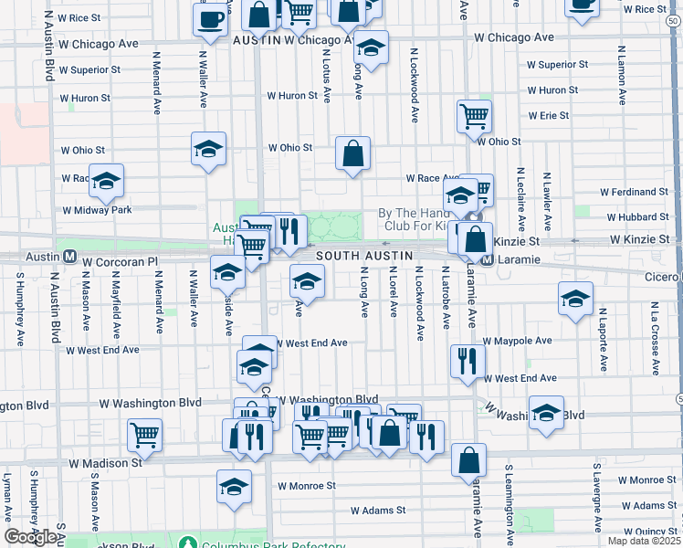 map of restaurants, bars, coffee shops, grocery stores, and more near 306 North Lotus Avenue in Chicago