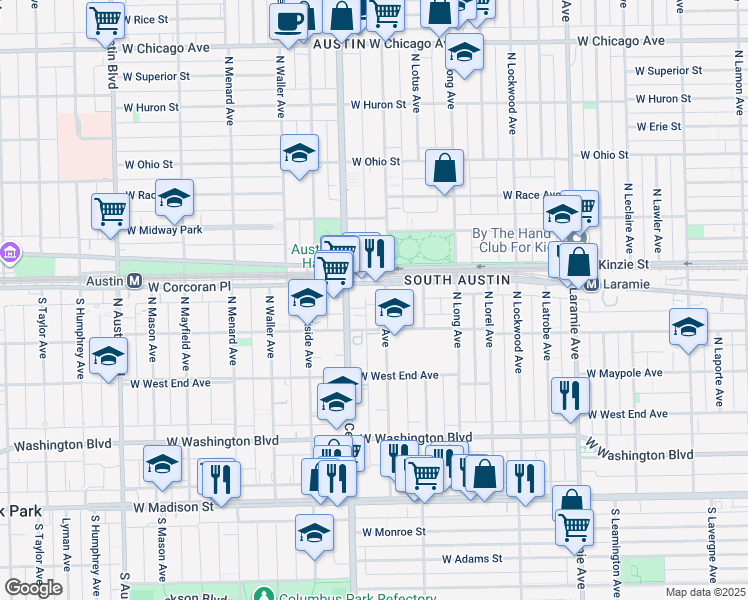 map of restaurants, bars, coffee shops, grocery stores, and more near 302 North Pine Avenue in Chicago